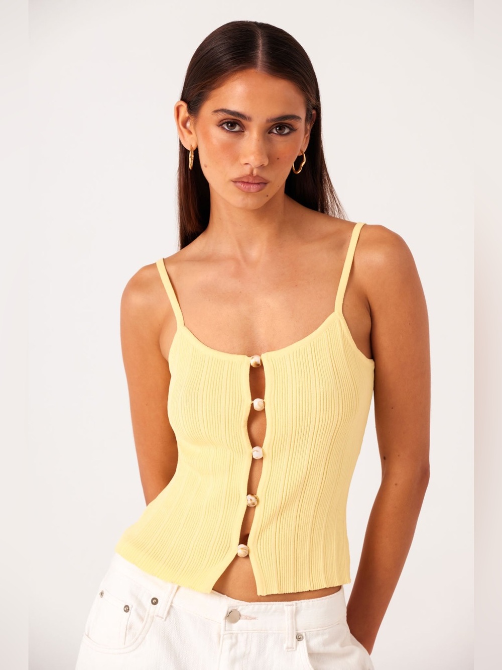 SNDYS Odessa Knit Tank Top XL Pollen Yellow Ribbed Button Front NWOT